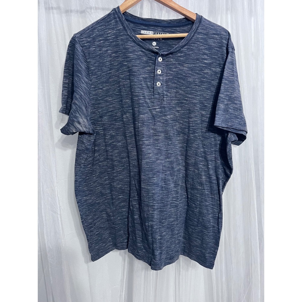 Aeropostale Mens XL Navy Blue Space Dye Short Sleeve Henley Stretch Shirt